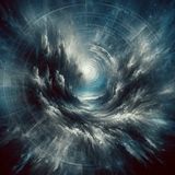 An abstract design in blue, white, and grey suggesting swirling snow