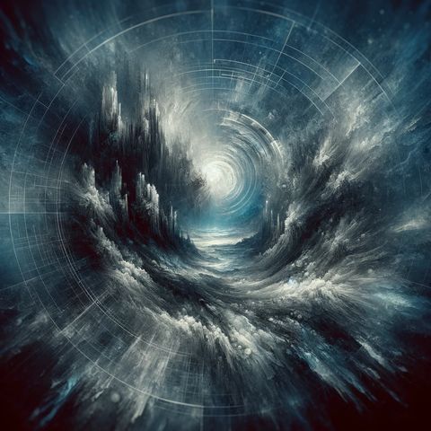 An abstract design in blue, white, and grey suggesting swirling snow